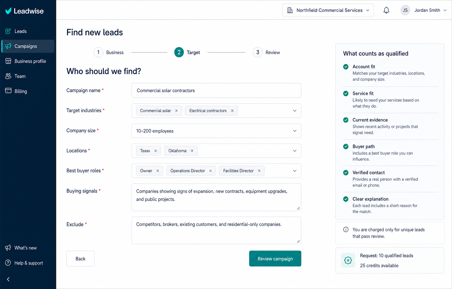 Campaign setup showing who you sell to
