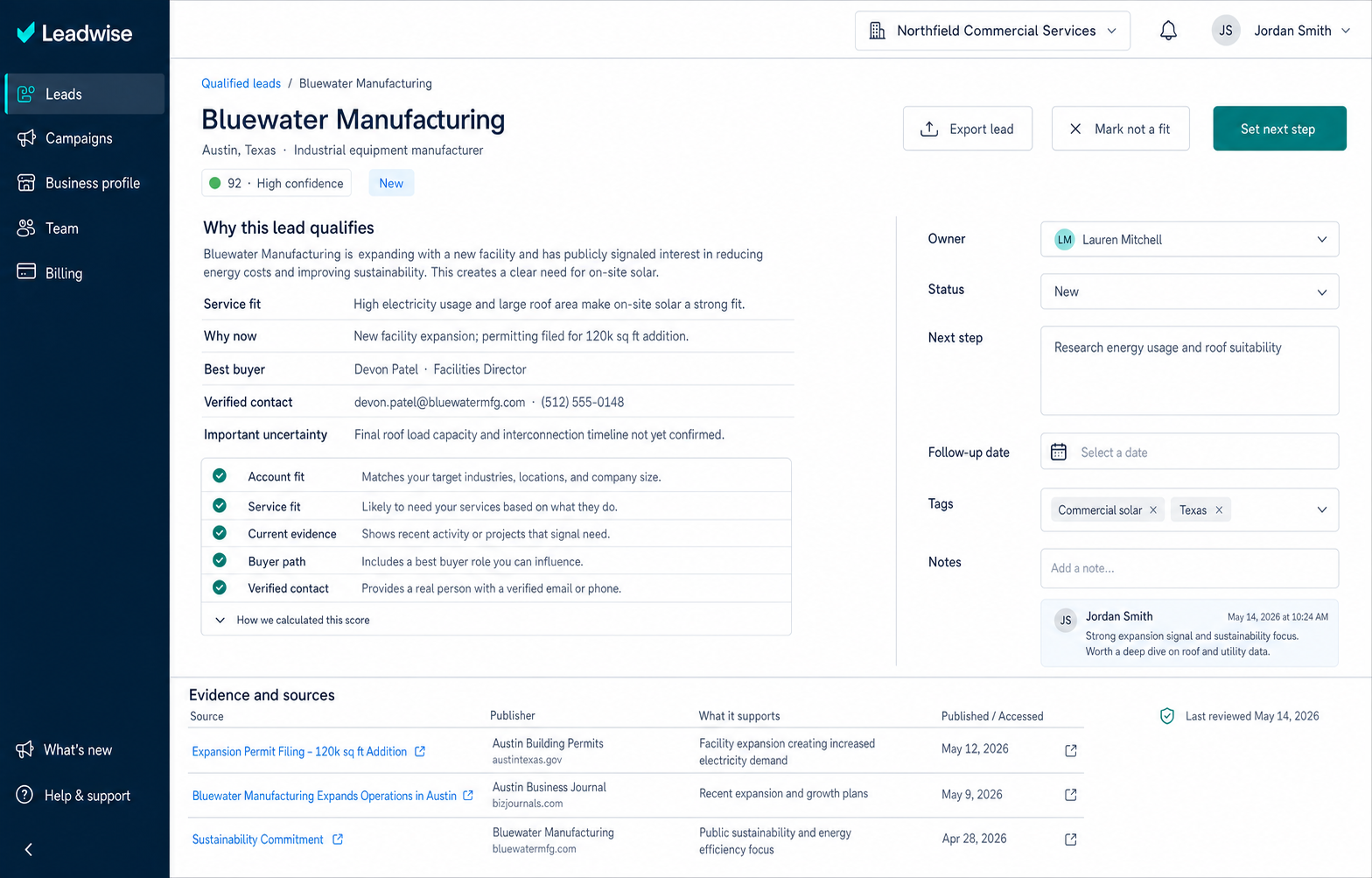 Lead detail showing fit score and sources on a company