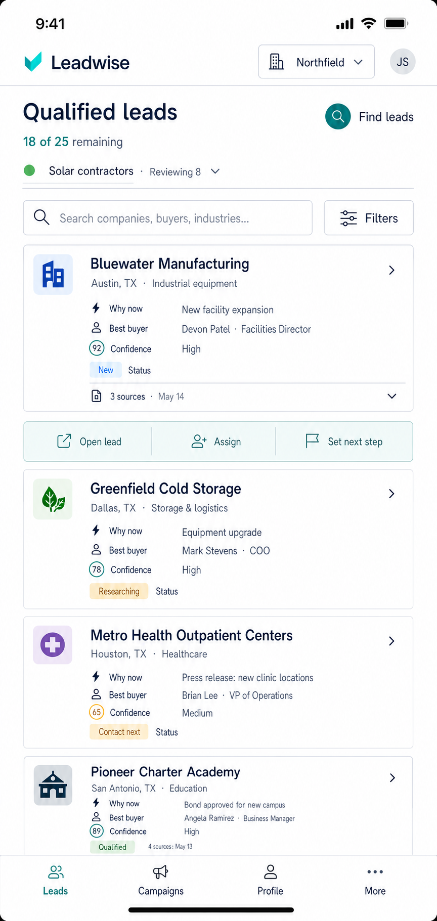 Lead contact with provider work email and source